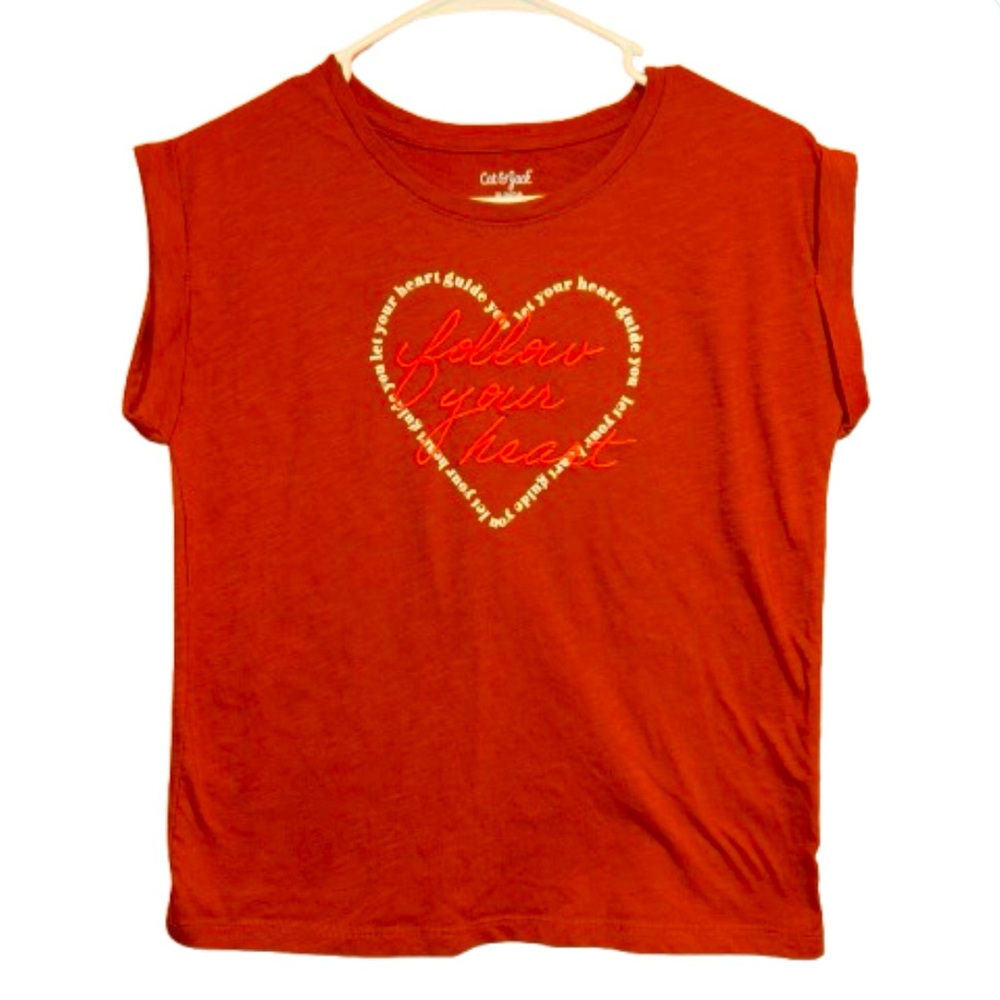Cat & Jack Girls XL 14/16 Cinnamon Red Heart Embroidered Graphic Cuff Sleeve Top